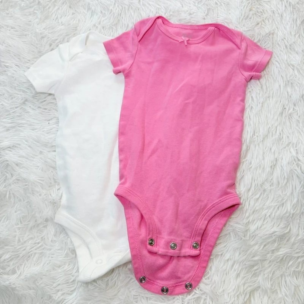 Baby Girls 6M Short Sleeve Bodysuit Set Pink and White Cotton Lot of 2